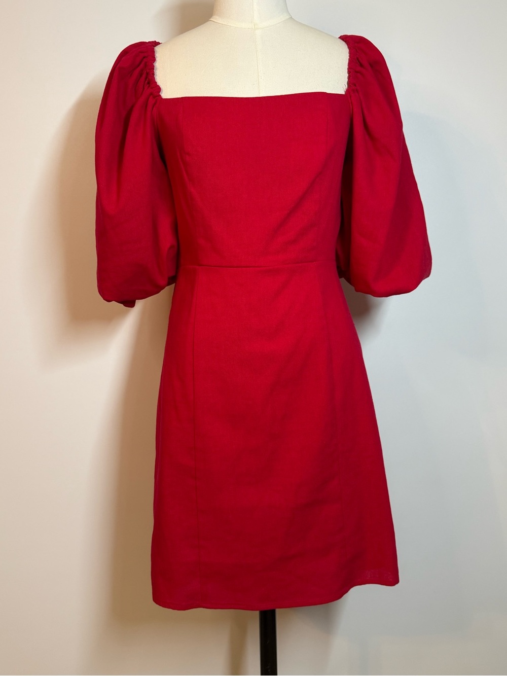 MIAMI Red Square-Neck Puff-Sleeve Mini Dress